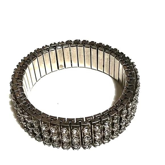 VINTAGE 60s 3-ROW RHODIUM PLALTED PRONG SET RHINESTONE EXPANDABLE 6-7" BRACELET - Picture 8 of 9